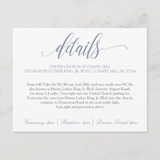 Carte D'accompagnement Détails du Mariage | Calligraphie Luxueuse (Bleu P (Devant)