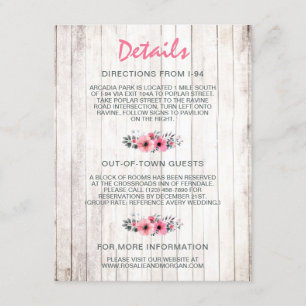 Carte D'accompagnement Détails du Mariage campagnard Floral en bois rusti