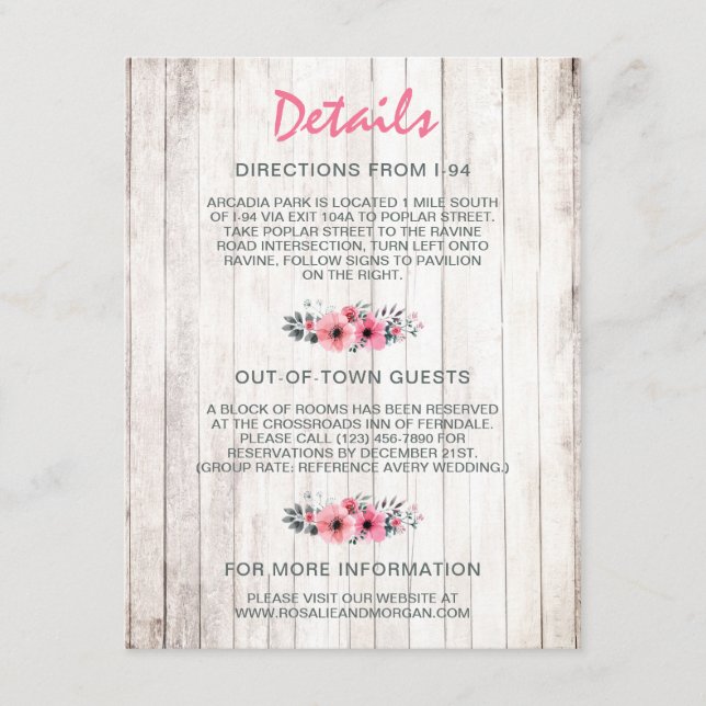 Carte D'accompagnement Détails du Mariage campagnard Floral en bois rusti (Devant)