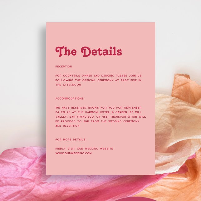 Carte D'accompagnement Détails du Mariage Chic Retro Bright Hot Pink & Bl (Créateur téléchargé)