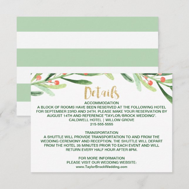 Carte D'accompagnement Détails du Mariage Christmas Holly Wreath (Devant / Derrière)