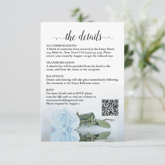 Carte D'accompagnement Détails du mariage Code QR Rose bleu clair (Debout devant)