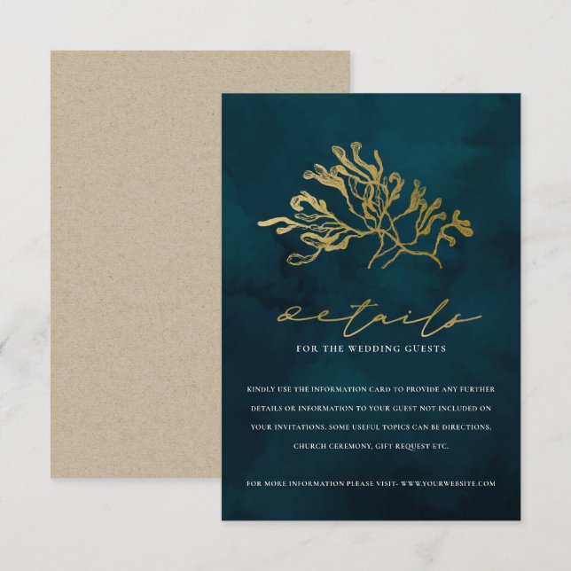 CARTE D'ACCOMPAGNEMENT DÉTAILS DU MARIAGE D'ALGUES SOUS-MARINES GOLD NAVY (Devant / Derrière)