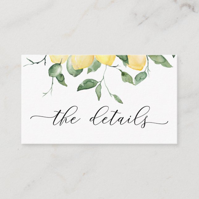 Carte D'accompagnement Détails du Mariage d'aquarelle élégante aux citron (Devant)