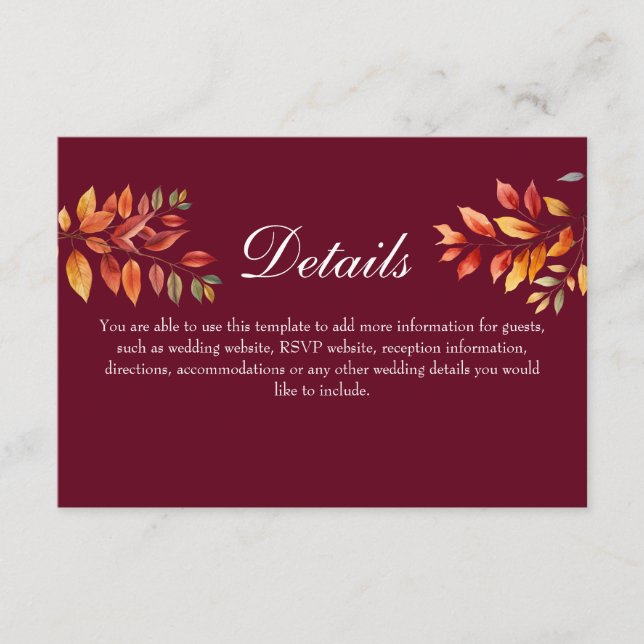 Carte D'accompagnement Détails du Mariage de automne Bourgogne (Devant)