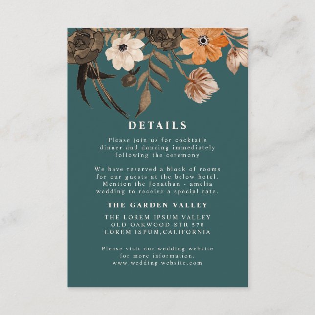 Carte D'accompagnement Détails du Mariage de automne turquoise à fleurs e (Devant)