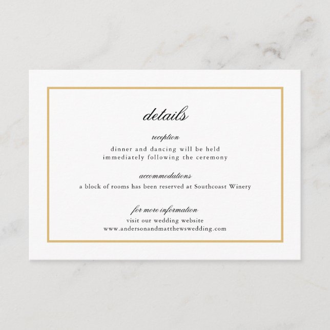 Carte D'accompagnement Détails du Mariage de bordure or élégant Script (Devant)