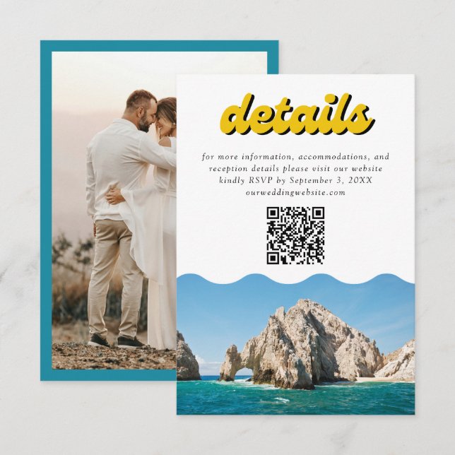 Carte D'accompagnement Détails du Mariage de cabine jaune rétro Code QR (Devant / Derrière)