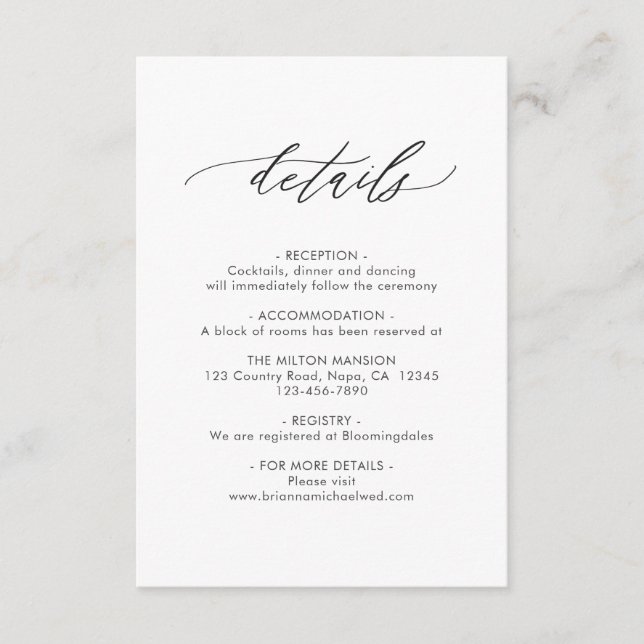 Carte D'accompagnement Détails du Mariage de calligraphie simple et éléga (Devant)