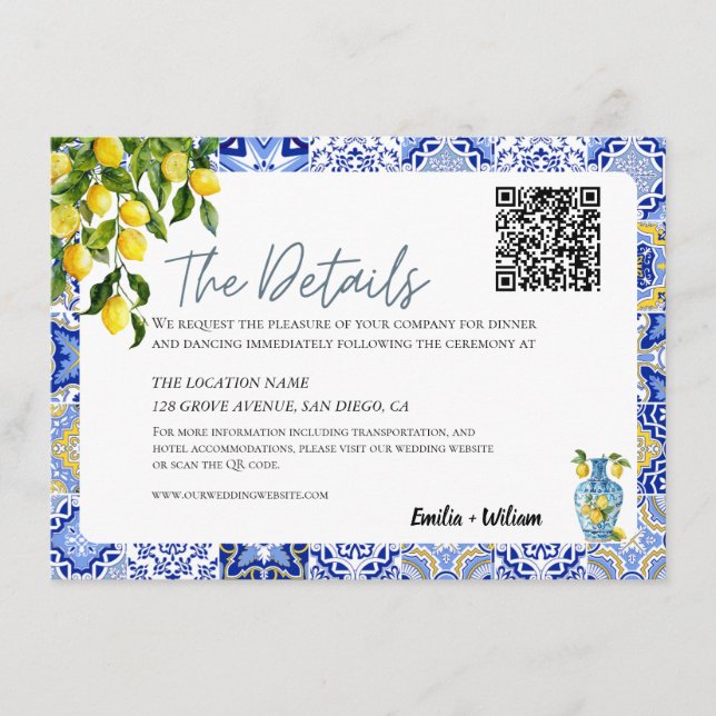 Carte D'accompagnement Détails du Mariage de citron méditerranéen Code QR (Devant)