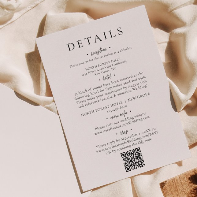 Carte D'accompagnement Détails du Mariage de code QR de script chic minim (Créateur téléchargé)