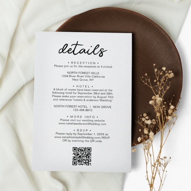 Carte D'accompagnement Détails du Mariage de code QR de script simple et  (Créateur téléchargé)