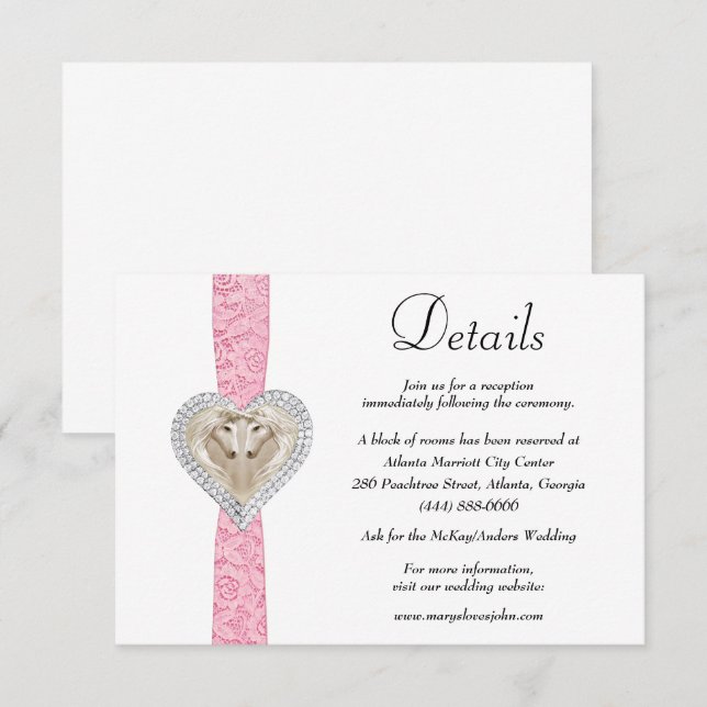 Carte D'accompagnement Détails du Mariage de dentelle rose Unicorn (Devant / Derrière)