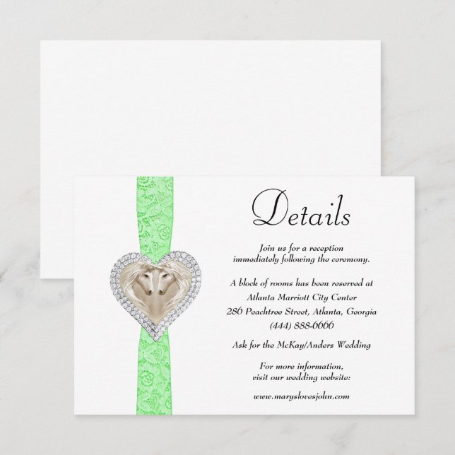 Carte D'accompagnement Détails du Mariage de dentelle verte Unicorn (Devant / Derrière)