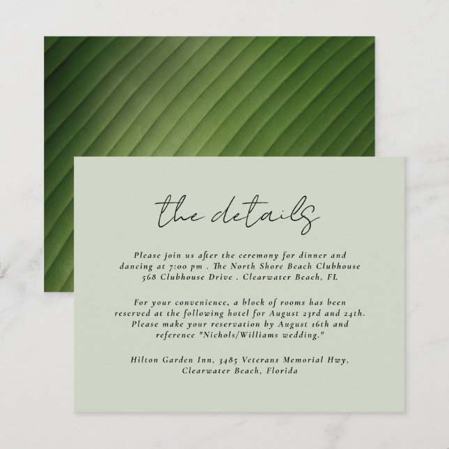 Carte D'accompagnement Détails du Mariage de feuille tropicale moderne (Devant / Derrière)