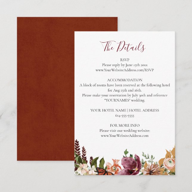 Carte D'accompagnement Détails du Mariage de fleurs d'automne (Devant / Derrière)