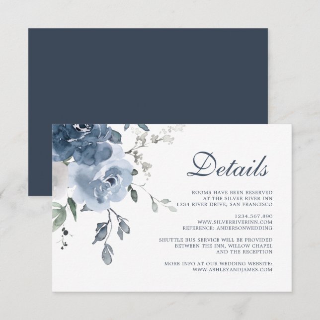 Carte D'accompagnement Détails du Mariage de fleurs d'ivoire bleu foncé (Devant / Derrière)