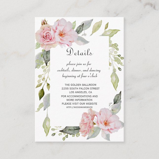 Carte D'accompagnement Détails du Mariage de fleurs florales rose pâle (Devant)
