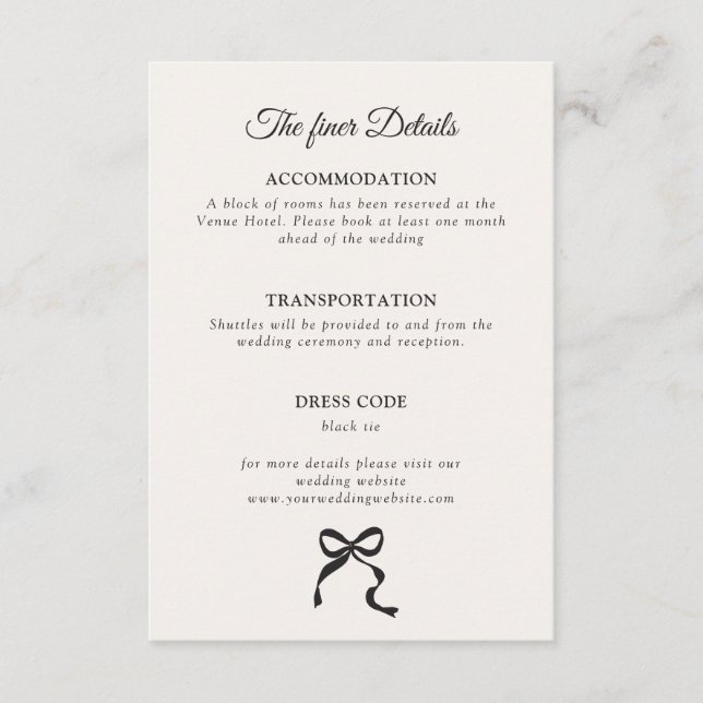Carte D'accompagnement Détails du Mariage de la bow minimal élégant (Devant)