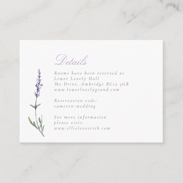 Carte D'accompagnement Détails du Mariage de la lavande aquarelle (Devant)