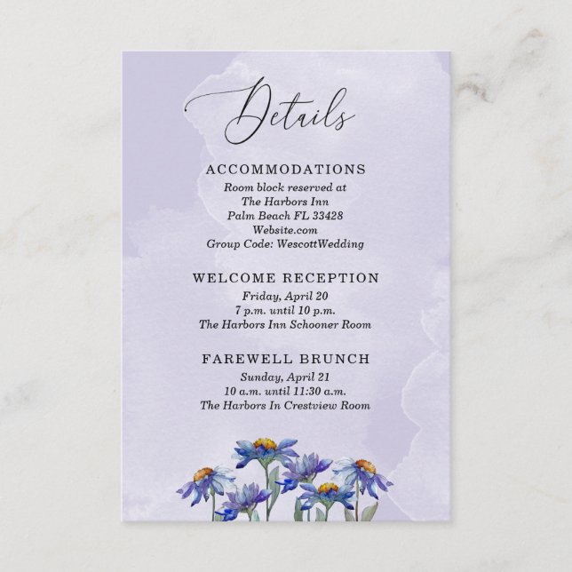 Carte D'accompagnement Détails du Mariage de marguerites violettes de lav (Devant)