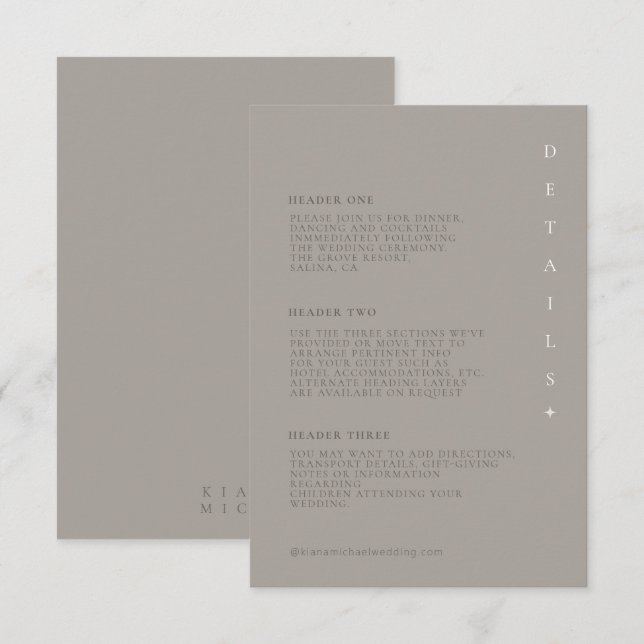Carte D'accompagnement Détails du Mariage de neutre chic ID1020 (Devant / Derrière)