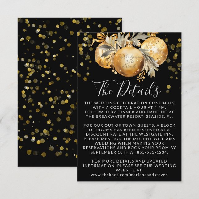 Carte D'accompagnement Détails du Mariage de Noël Noir Or (Devant / Derrière)