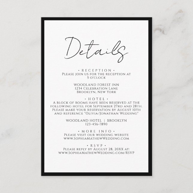 Carte D'accompagnement Détails du Mariage de script blanc de Cravate noir (Devant)