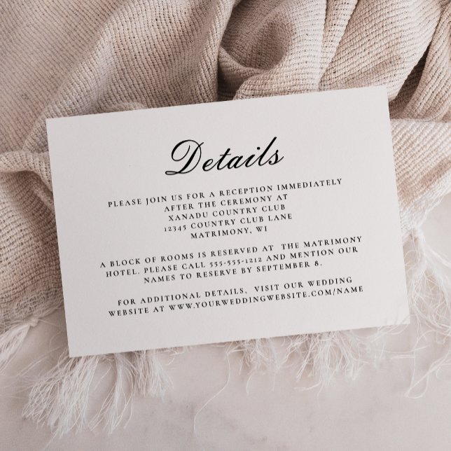 Carte D'accompagnement Détails du Mariage de script blanc noir (Créateur téléchargé)