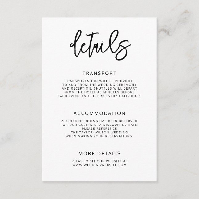 Carte D'accompagnement Détails du Mariage de script contemporain moderne (Devant)