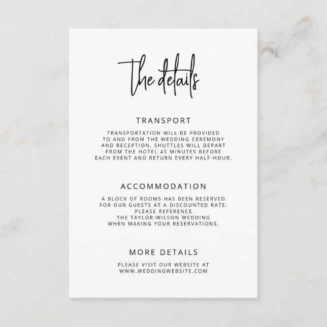 Carte D'accompagnement Détails du Mariage de script de lettres à la main  (Devant)