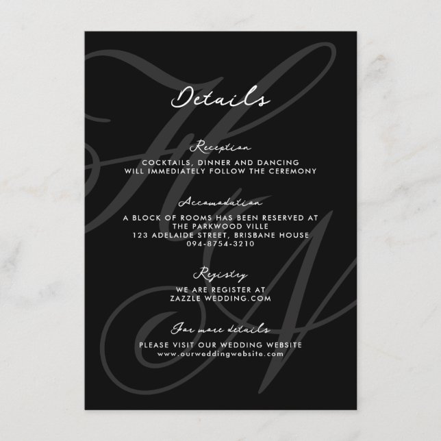 Carte D'accompagnement Détails du Mariage de script de monogramme élégant (Devant)