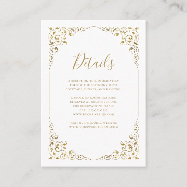 Carte D'accompagnement Détails du Mariage de script Gold Leaf élégant (Devant)
