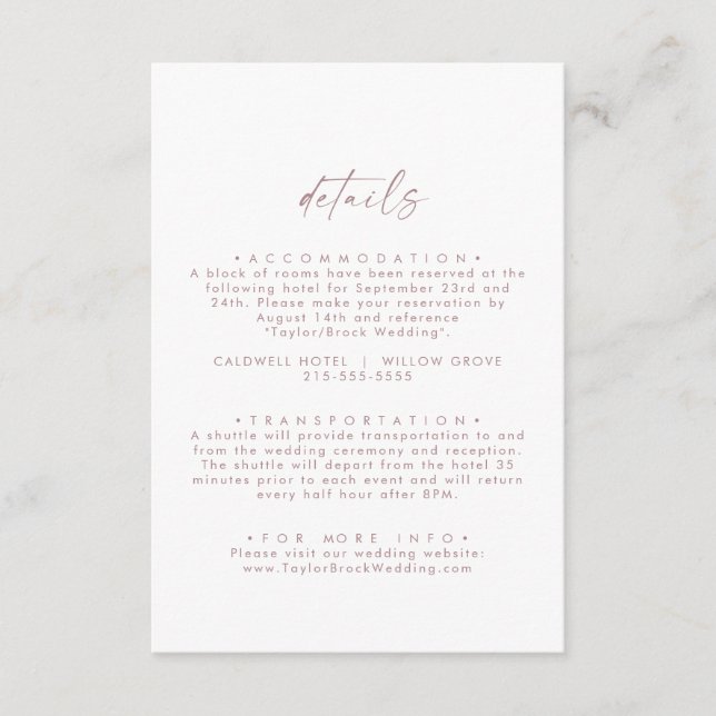Carte D'accompagnement Détails du Mariage de script Gold Rose moderne (Devant)