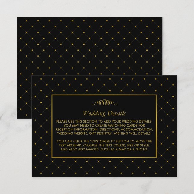 Carte D'accompagnement Détails du Mariage d'effet Black & Gold moderne (Devant / Derrière)