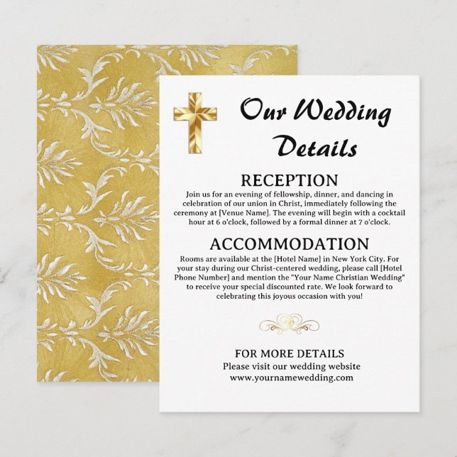 Carte D'accompagnement Détails du Mariage d'or simple Christian Cross (Devant / Derrière)
