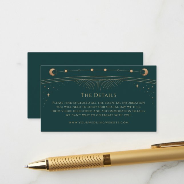 Carte D'accompagnement Détails du Mariage d'or vert mystique Sun Moon Sta (Devant/Arrière en situation)
