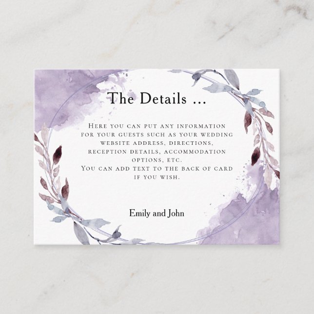 Carte D'accompagnement Détails du Mariage Dreamy Purple Feuille Watercolo (Devant)