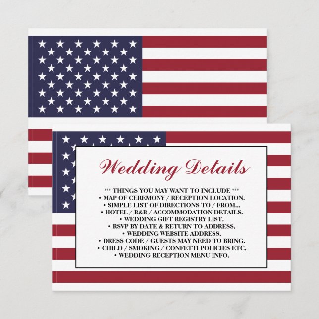 Carte D'accompagnement Détails du Mariage du drapeau américain (Devant / Derrière)