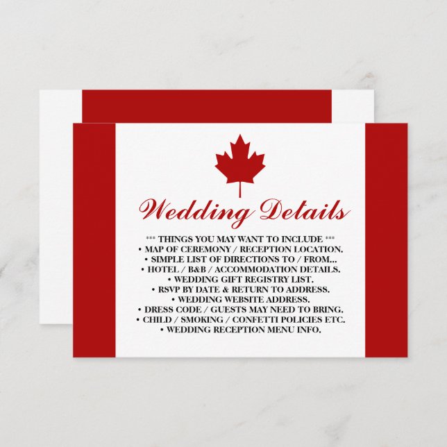 Carte D'accompagnement Détails du Mariage du drapeau canadien (Devant / Derrière)
