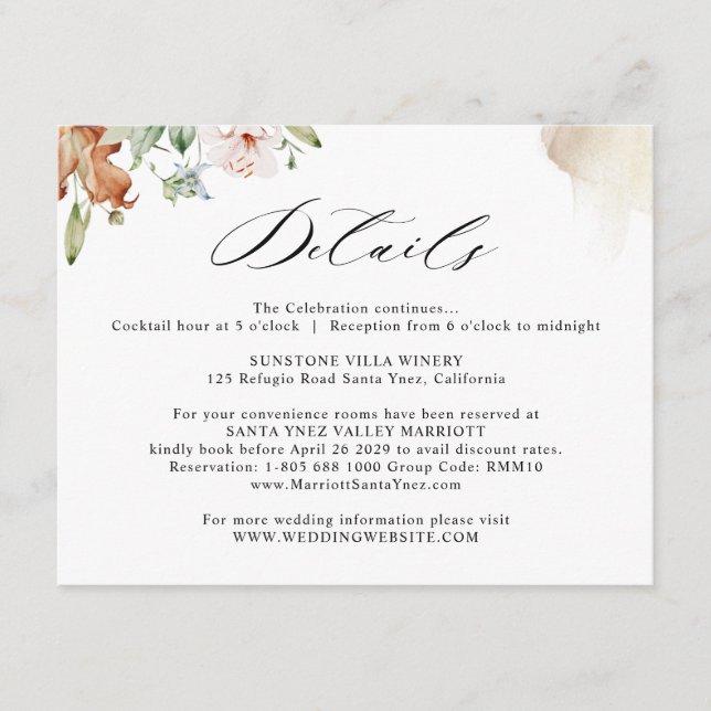 Carte D'accompagnement Détails du Mariage Earthy Blooms (Devant)
