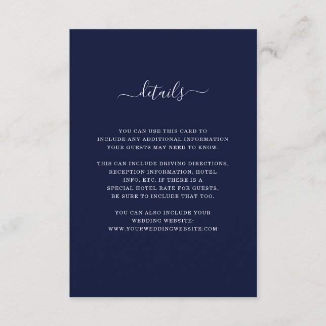 Carte D'accompagnement Détails du mariage | Elégant bleu foncé et blanc (Devant)
