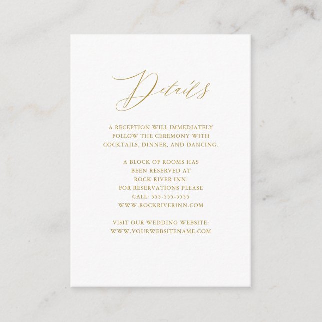 Carte D'accompagnement Détails du Mariage Elegant White Gold Script (Devant)