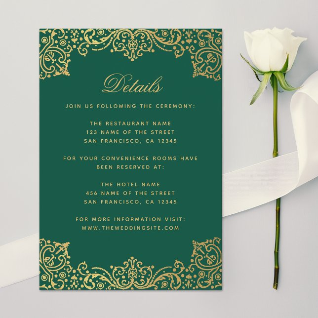 Carte D'accompagnement Détails du mariage Emerald Green Faux Gold Antique (Créateur téléchargé)