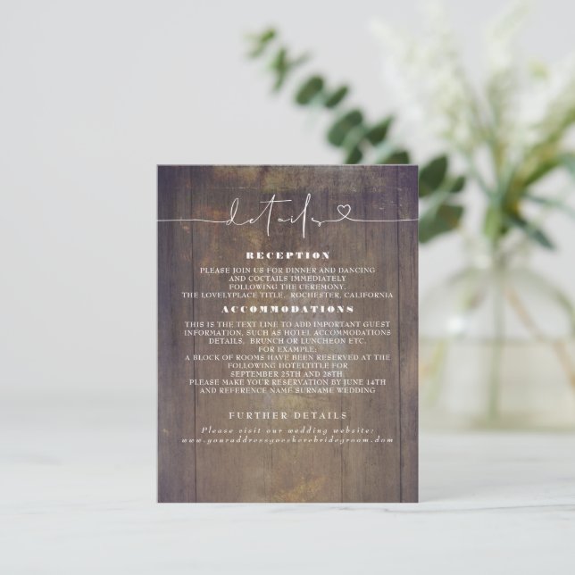 Carte D'accompagnement Détails du Mariage en bois rustique (Debout devant)