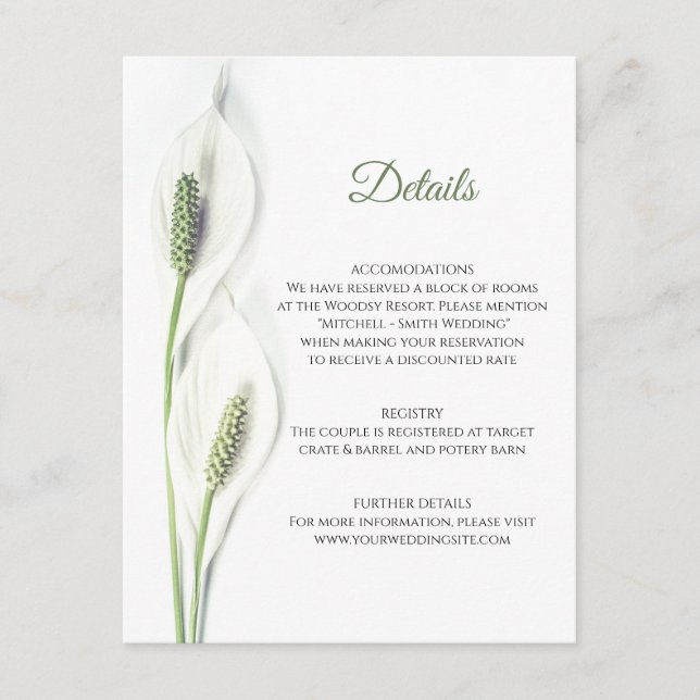 Carte D'accompagnement DÉTAILS DU mariage Floral Blanc Calla Peace Lily (Devant)