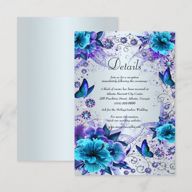 Carte D'accompagnement Détails du Mariage Floral Bleu Et Papillon (Devant / Derrière)