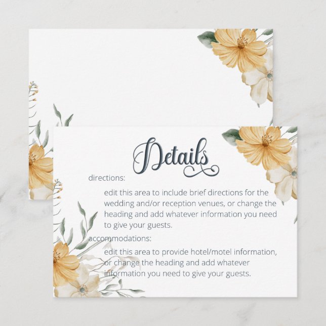 Carte D'accompagnement Détails du Mariage Floral bleu jaune et blanc (Devant / Derrière)