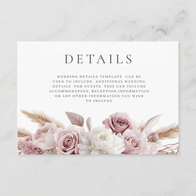 Carte D'accompagnement Détails du Mariage Floral Boho Blush (Devant)