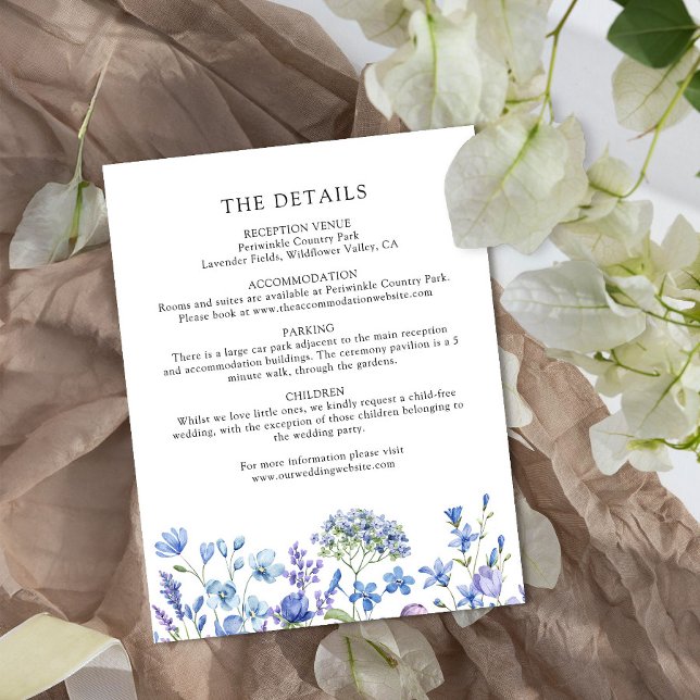 Carte D'accompagnement Détails du Mariage Floral Fleur sauvage Periwinkle (Details Wedding Enclosure Card from my Lilac + Periwinkle Wildflower Wedding Collection)